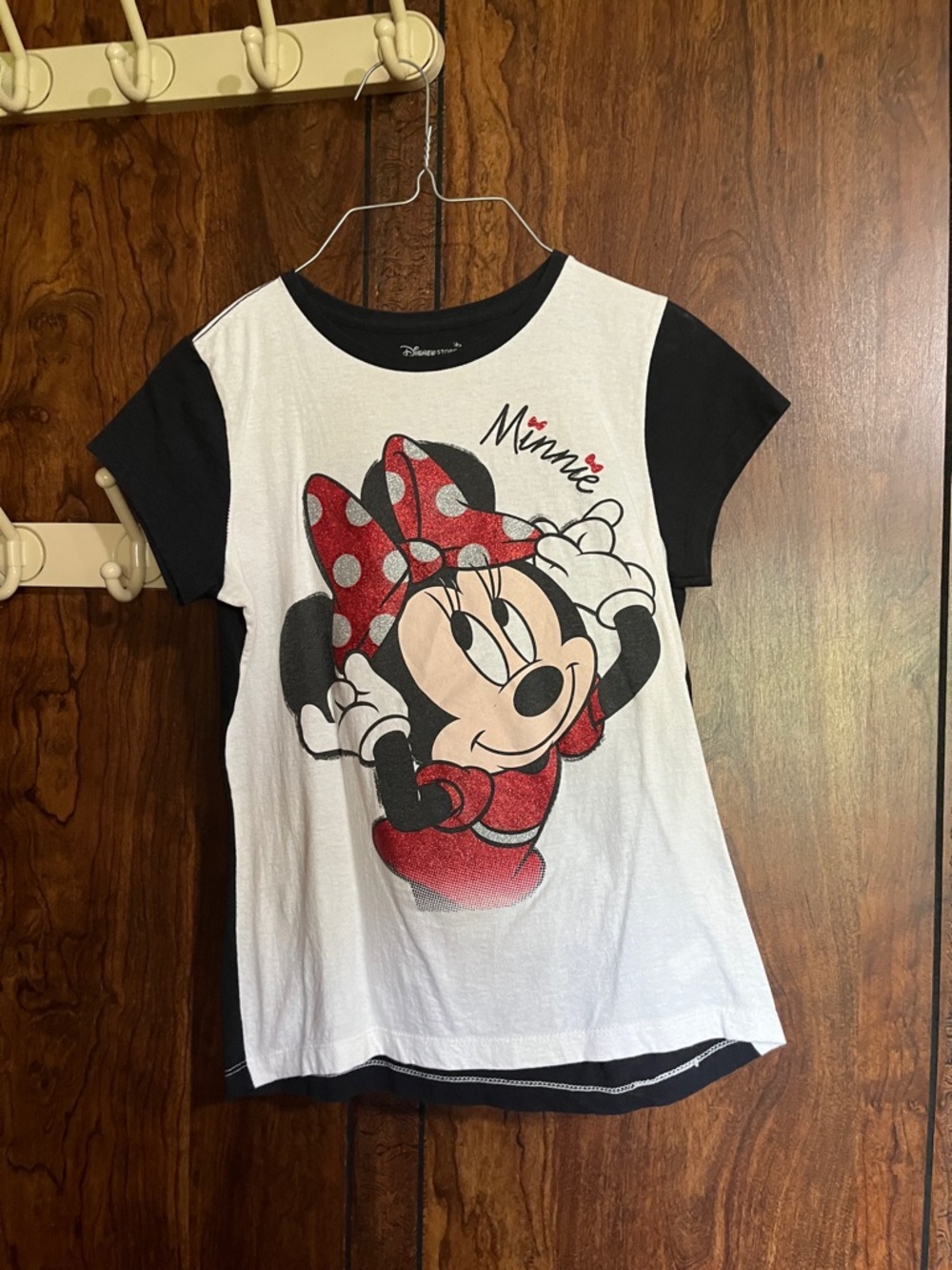 Disney Girls' White Tee with Black Sleeves and Red Minnie Graphic